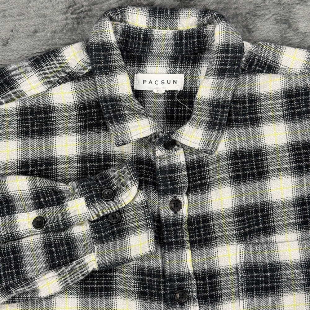 PacSun Button Down Shirt Mens L Black White Yellow Plaid